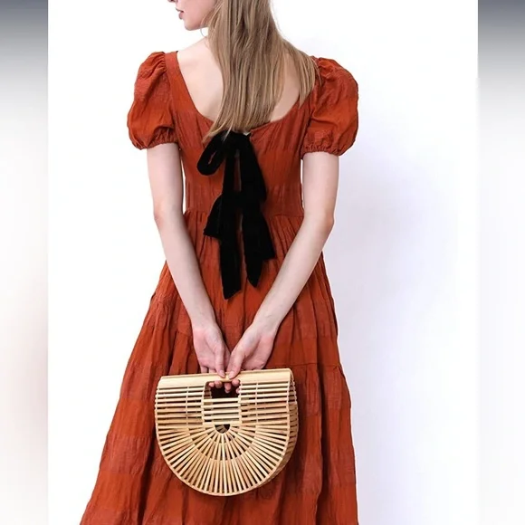 Bamboo Caged Semicircle Large Tote Bag w/ Scarf and Dust Bag-13”x 9”x 4” - Picture 5 of 14